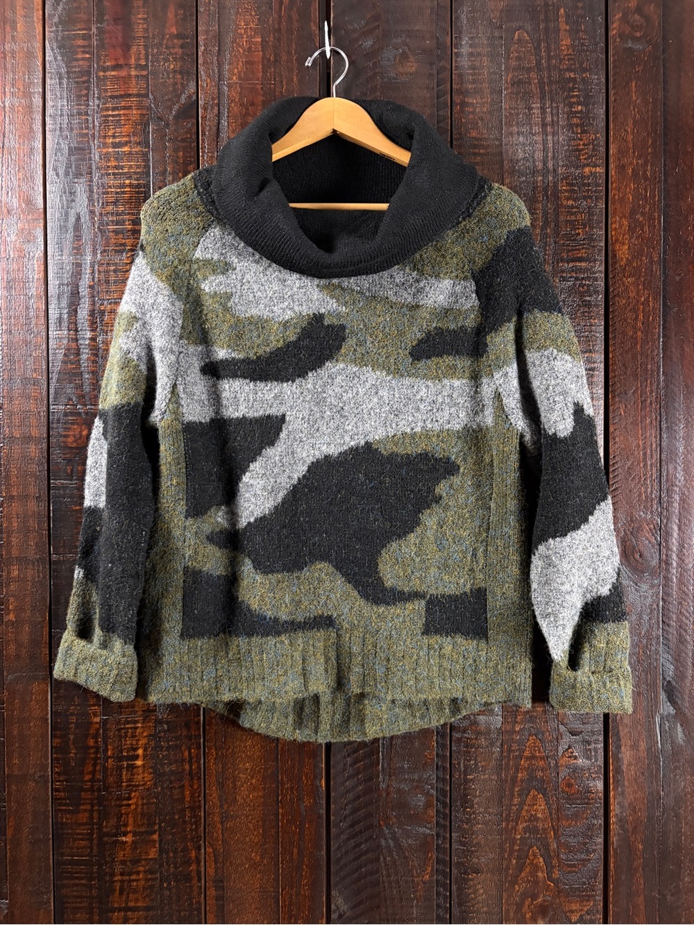 AQUA Cowl Neck Camouflage Knit Sweater - Olive/Black/Gray